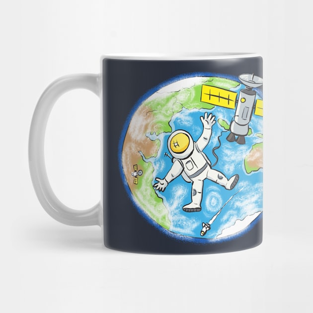 Astronaut and satellite over earth cartoon illustration by FrogFactory